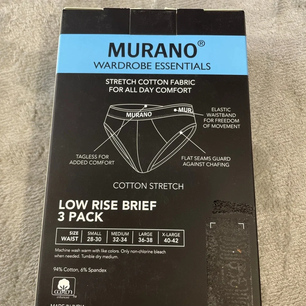 Murano 3 Pack Low‎ Rise Brief Mens Size Small 28-30 Black Cotton Stretch